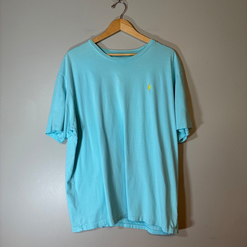 Polo Ralph‎ Lauren Mens Light Blue Cotton Crew Neck T-Shirt Yellow Pony Logo XL